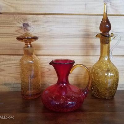 Lot-B28 Mid Century Modern Red & Amber Crackle Glass Collection 3 Pc