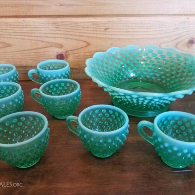 Lot-B25 Green Fenton Hobnail Milk Glass Punch Set for 12