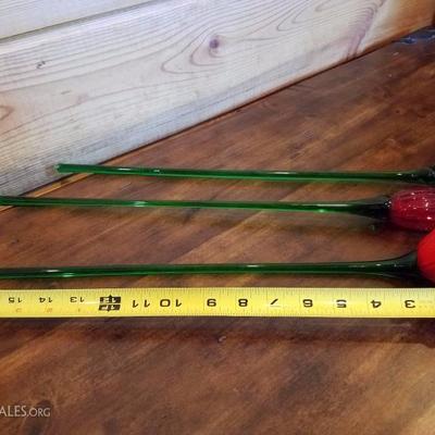 Lot-B65 3 Pc Hand Blown Long Stem Flowers 