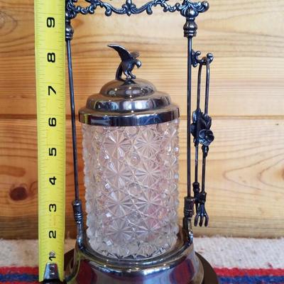 Lot-B43 Vintage Ornate Silverplate & Glass Sugar Cube Jar w/ Tongs