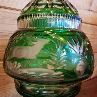 Lot-B66  Bohemian Czech Crystal Glass Emerald Green Cut to Clear Dish w/ Lid