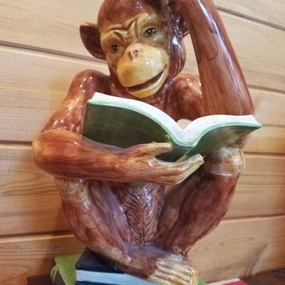 Lot-C12 Painted Ceramic Thinking Monkey Statue w/ Pedestal