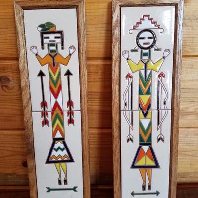 Lot-B33 Pair of Framed Southwestern Yei Tile Art Wall Hanging DÃ©cor