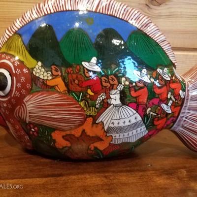 Lot-C2 2 Pc Talavera Mexican Pottery Hand Painted Cat & Fish Decorative Figures