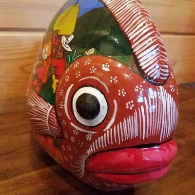 Lot-C2 2 Pc Talavera Mexican Pottery Hand Painted Cat & Fish Decorative Figures