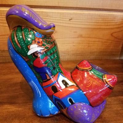 Lot-C2 2 Pc Talavera Mexican Pottery Hand Painted Cat & Fish Decorative Figures
