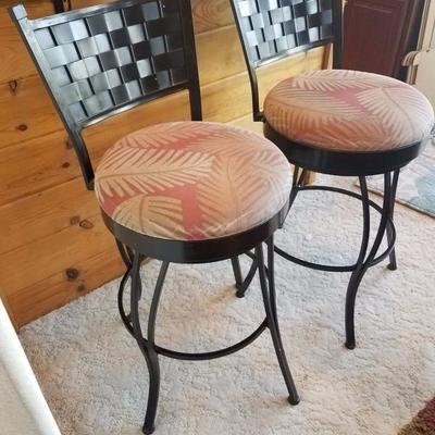 Lot-B1 Pair of 2 Metal & Fabric Bar Stools w/ Palm Print