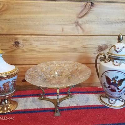 Lot-B56 3 Pc Glass & Porcelain Lot Mixed Gold Trim Decorative Vases & Bowl
