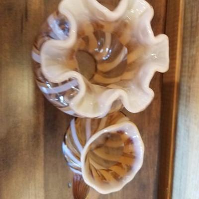 Lot-B17 2 Pc Optic Cameo Swirl Fenton Glass Set Mini Pitcher & Vase