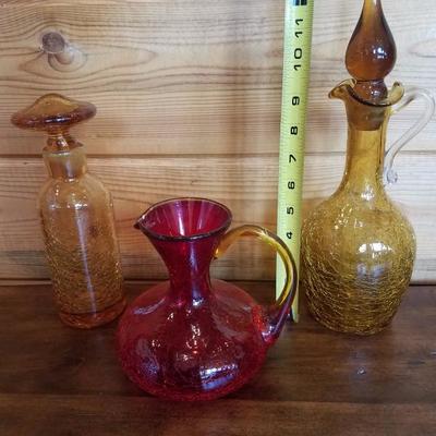 Lot-B28 Mid Century Modern Red & Amber Crackle Glass Collection 3 Pc