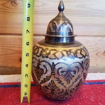 Lot-A19 Ornate Etched Brass Urn India Made W/ Lid
