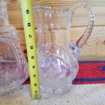 Lot-B15 Pair of 2 Pc Frosted Etched Glass Crystal Pitchers