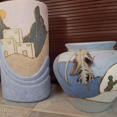A4 2 Pc Southwest Pottery Artist Signed Decorative Vases