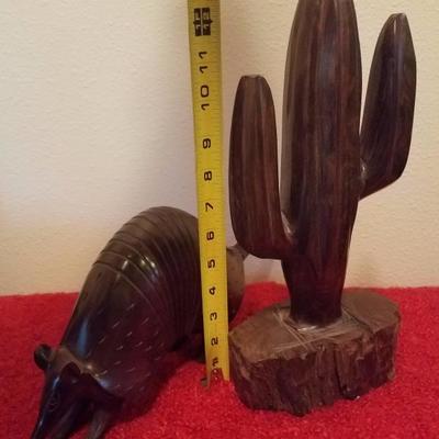 Lot-C15 2 Pc Carved Ironwood Figures Armadillo & Cactus