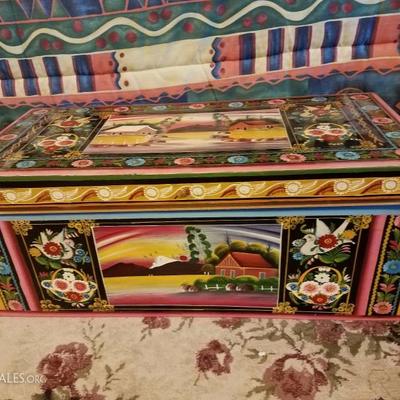 Lot-D9 Bright Country Hand Painted Wooden Trunk Chest