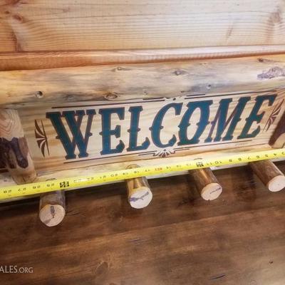 Lot-C9 Rustic Log Cut Welcome Sign  4 Person Coat Rack