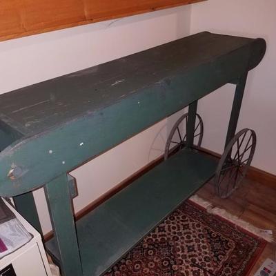 Lot-D12 Vintage Green Rolling Bar Cart Painted Wood