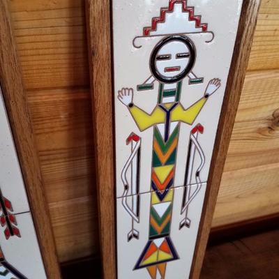 Lot-B33 Pair of Framed Southwestern Yei Tile Art Wall Hanging DÃ©cor