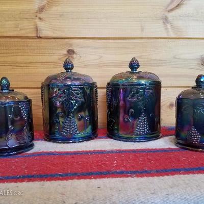 Lot-B14 4 Pc Indiana Carnival Glass Iridescent Harvest Grape Canister Jars