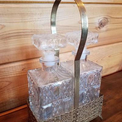 Lot-B62 Pair of Art Deco Liquor Crystal Glass Decanters w/ Holster