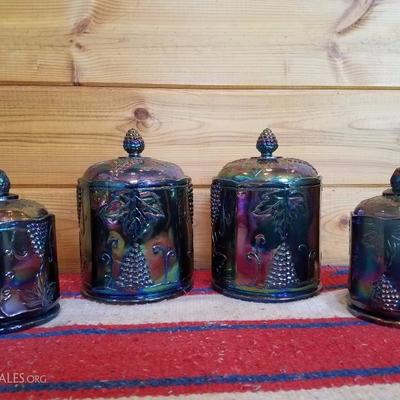 Lot-B14 4 Pc Indiana Carnival Glass Iridescent Harvest Grape Canister Jars