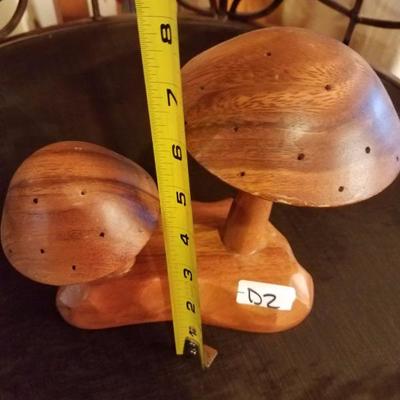 Lot-D2 Vintage Double Mushroom Appetizer Pick Holder Monkey Pod Wood 