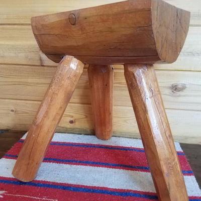 Lot-B39 3 Legged Hand Carved Wooden Split Log Stool