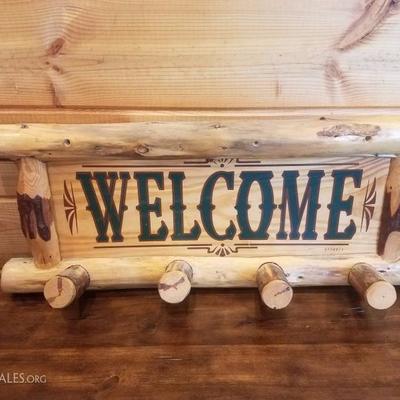 Lot-C9 Rustic Log Cut Welcome Sign  4 Person Coat Rack