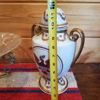 Lot-B56 3 Pc Glass & Porcelain Lot Mixed Gold Trim Decorative Vases & Bowl