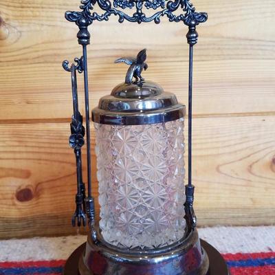 Lot-B43 Vintage Ornate Silverplate & Glass Sugar Cube Jar w/ Tongs