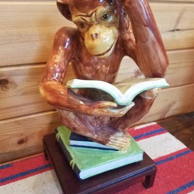 Lot-C12 Painted Ceramic Thinking Monkey Statue w/ Pedestal