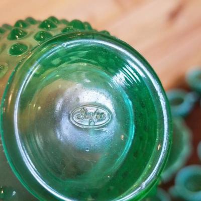 Lot-B25 Green Fenton Hobnail Milk Glass Punch Set for 12