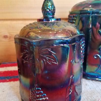 Lot-B14 4 Pc Indiana Carnival Glass Iridescent Harvest Grape Canister Jars