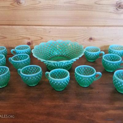 Lot-B25 Green Fenton Hobnail Milk Glass Punch Set for 12