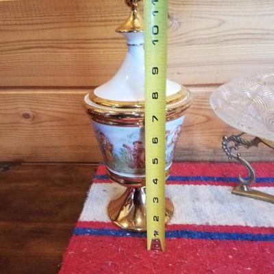 Lot-B56 3 Pc Glass & Porcelain Lot Mixed Gold Trim Decorative Vases & Bowl