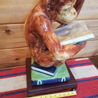 Lot-C12 Painted Ceramic Thinking Monkey Statue w/ Pedestal