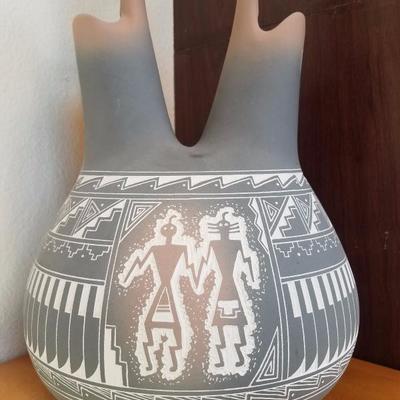 Lot-A10 Vintage Signed Handmade Southwest Pottery Wedding Vase
