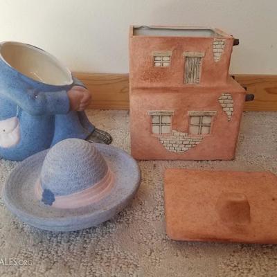 Lot-A8 2 Pc Southwestern Style Porcelain Cookie Jar or Canisters