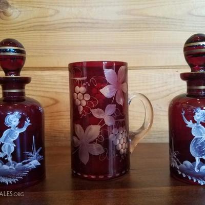 Lot-B27 Mary Gregory Fenton Jars w/ Stoppers & Cut to Clear Red Mug