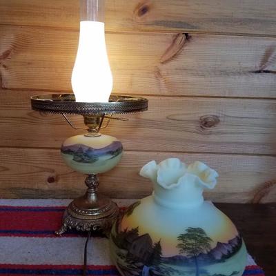 Lot-B44 Vintage Hand Painted Fenton Gone W/ the Wind Hurricane Lamp