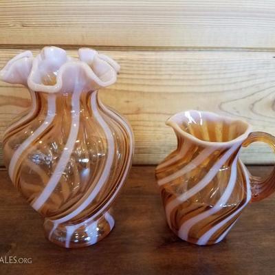 Lot-B17 2 Pc Optic Cameo Swirl Fenton Glass Set Mini Pitcher & Vase