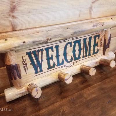 Lot-C9 Rustic Log Cut Welcome Sign  4 Person Coat Rack