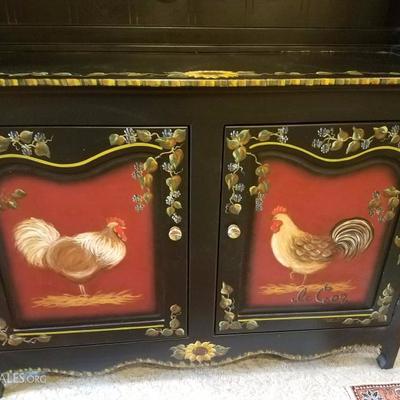 Lot-C1 2 Pc Le Coq Hand Painted Wine Bar Hutch Country Decor 82.5x60x18