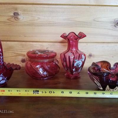 Lot-B26 4 Pc Mixed Fenton Red Glass Assortment Collection