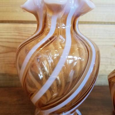 Lot-B17 2 Pc Optic Cameo Swirl Fenton Glass Set Mini Pitcher & Vase