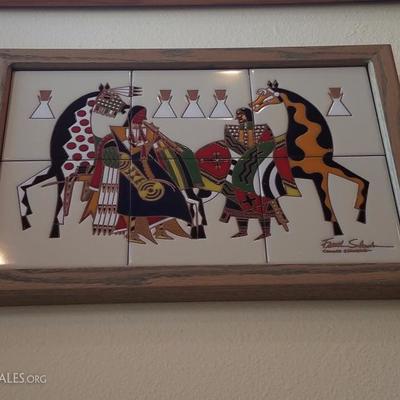 Lot-B12 Tecolote Tiles of Sante Fe 14.5x20.5 Framed Tile Art 2 Palominos