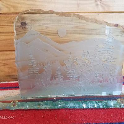 Lot-B58 Frosted Cut Glass Decorative Wolf Themed Scene 