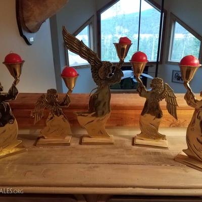 Lot-D11 5 Pc Vintage Brass Angel Candlestick Holder Set Lot