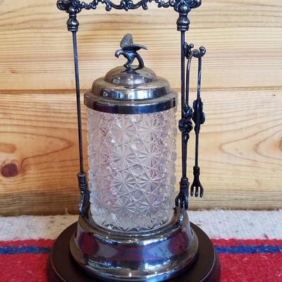 Lot-B43 Vintage Ornate Silverplate & Glass Sugar Cube Jar w/ Tongs