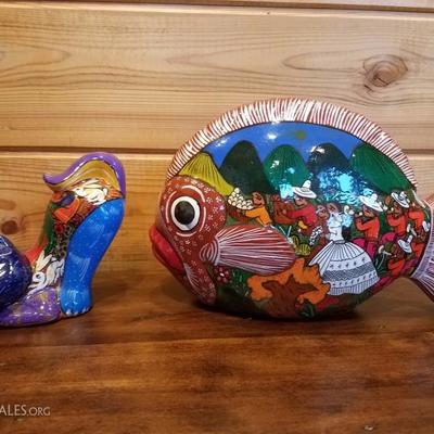 Lot-C2 2 Pc Talavera Mexican Pottery Hand Painted Cat & Fish Decorative Figures